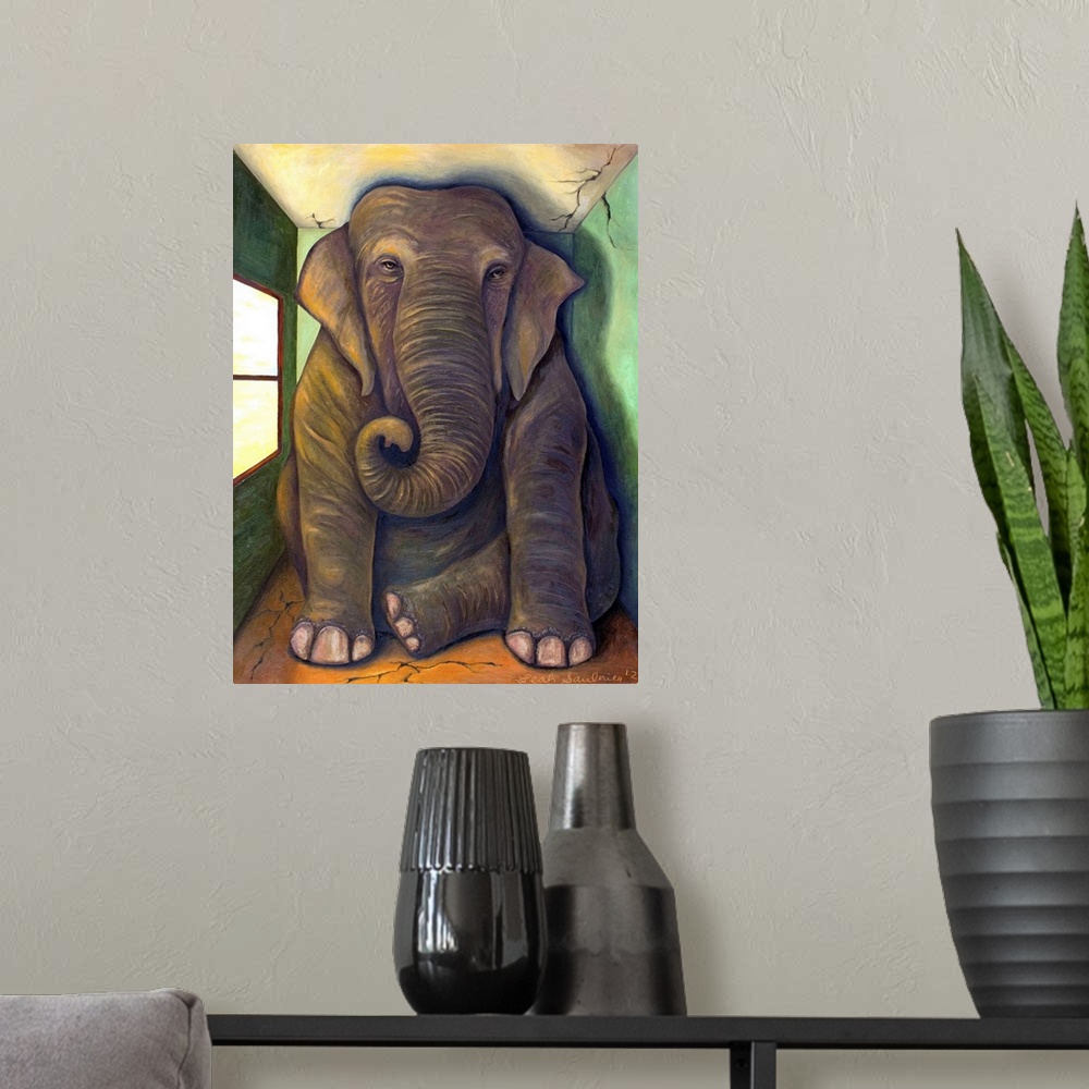 A modern room featuring Surrealist painting of a large elephant sitting in tiny room.