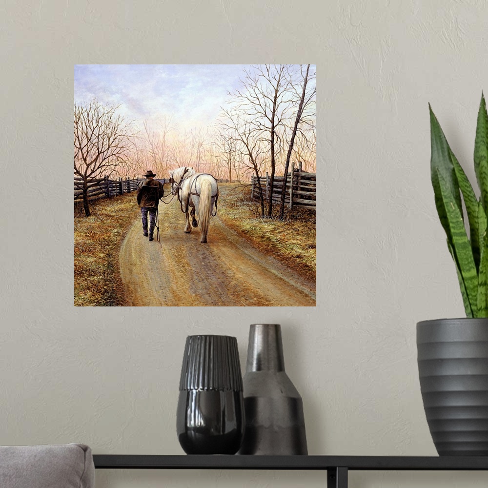 A modern room featuring Contemporary painting of a man walking his horse home on a dirt path.