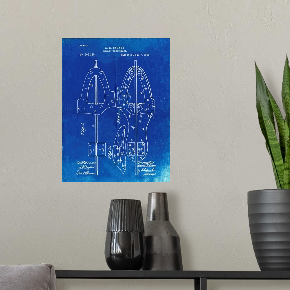 A modern room featuring Faded Blueprint 1898 Hockey Skate Patent Poster
