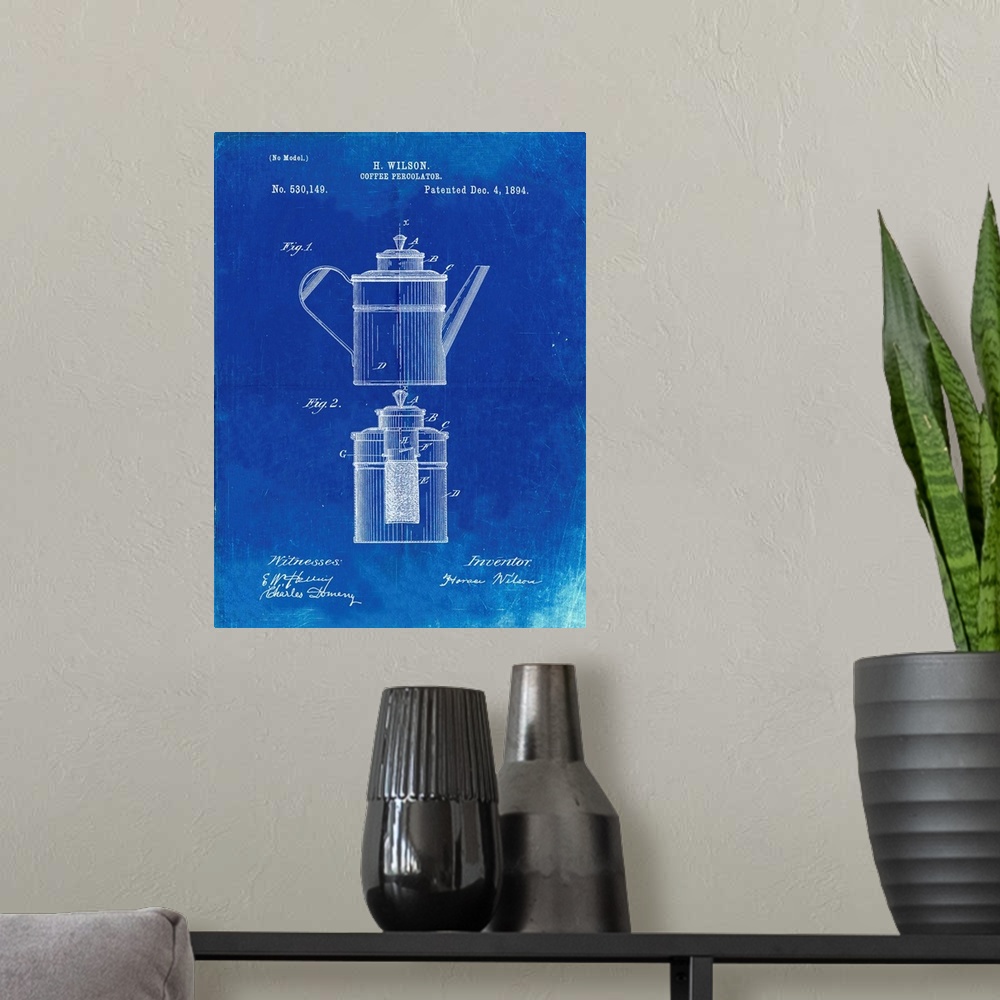 A modern room featuring Faded Blueprint Coffee 2 Part Percolator 1894 Patent Poster