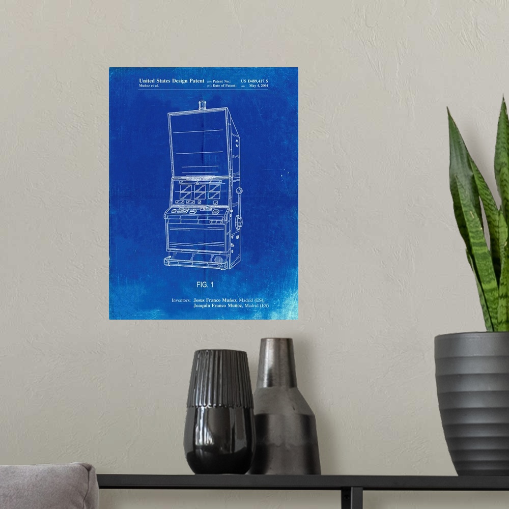 A modern room featuring Faded Blueprint Slot Machine Patent Poster