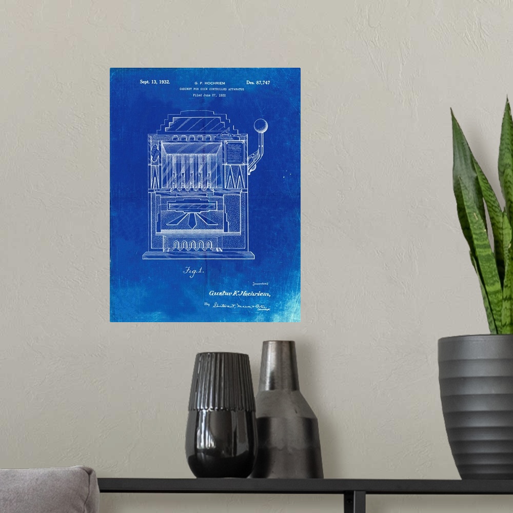 A modern room featuring Faded Blueprint Vintage Slot Machine 1932 Patent Poster