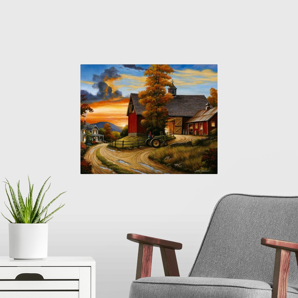 A modern room featuring Sun setting on farm. Man drives tractor up the hill towards the barn.