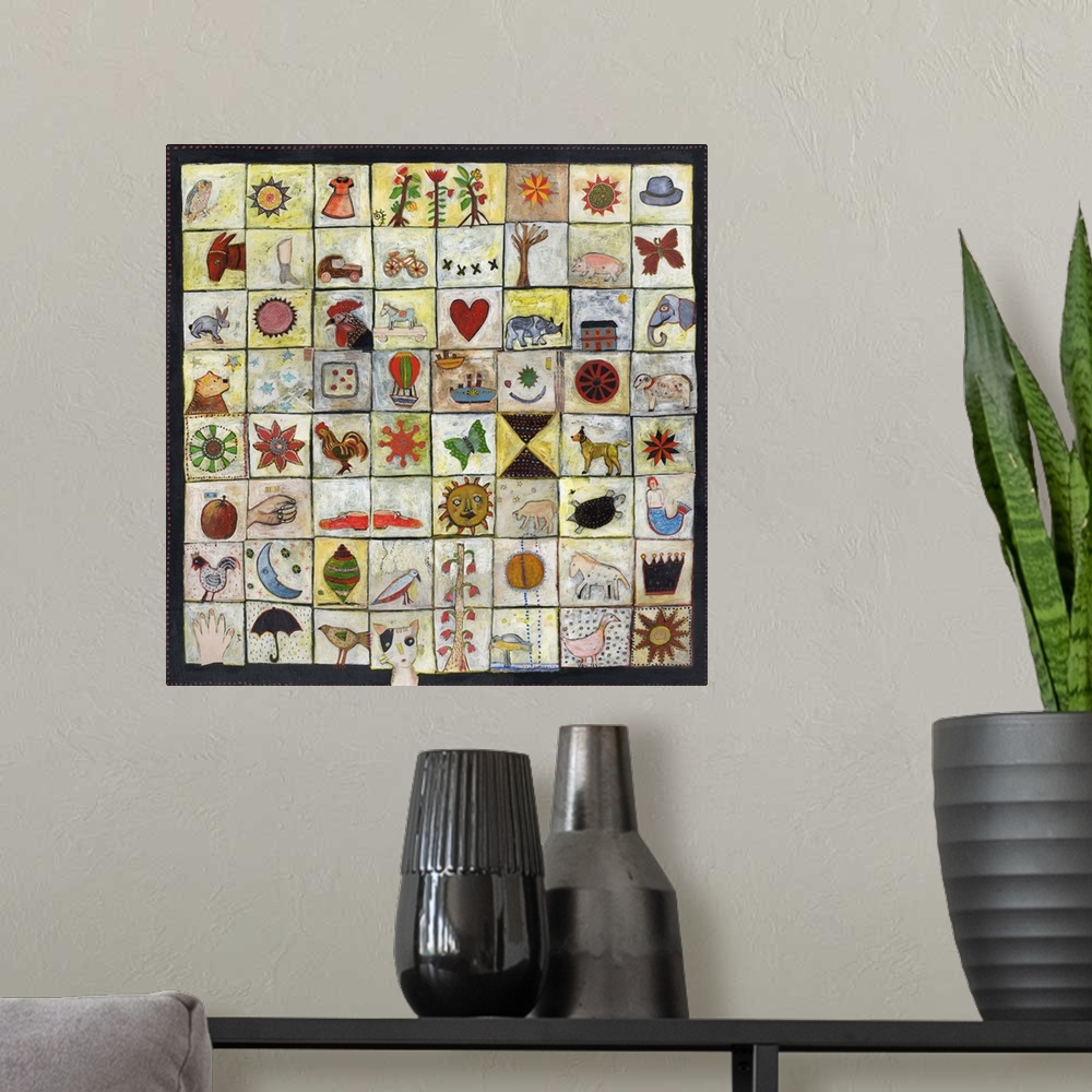 A modern room featuring Lighthearted contemporary painting of a patchwork of different images compiled together.