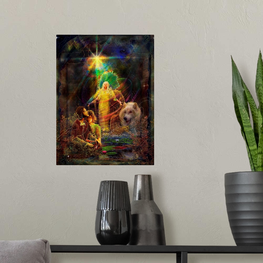A modern room featuring Goddess of light, appearing before a woman in prayer