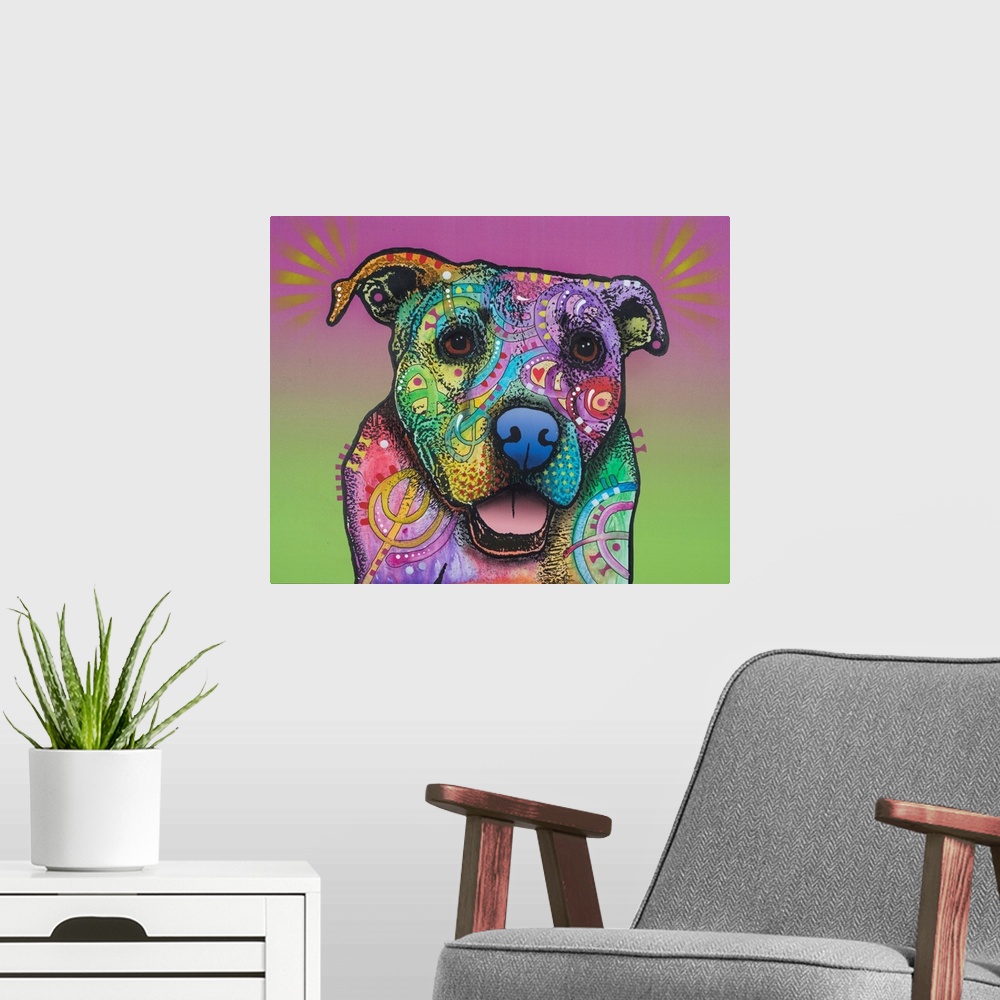 A modern room featuring Pop art style painting of a pit bull with abstract designs and different colors on a purple and g...