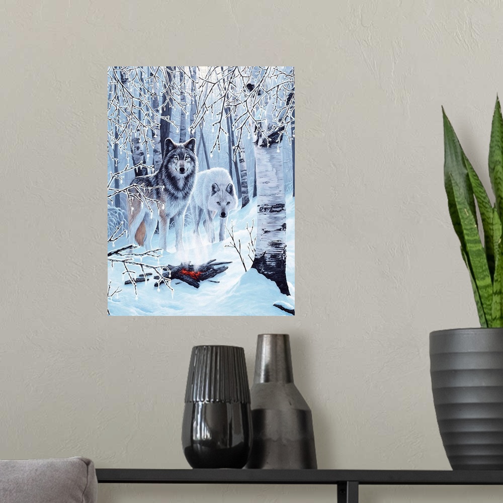 A modern room featuring Two wolves stand under a group of birch trees, next to a  campfire, on a snow covered ground.