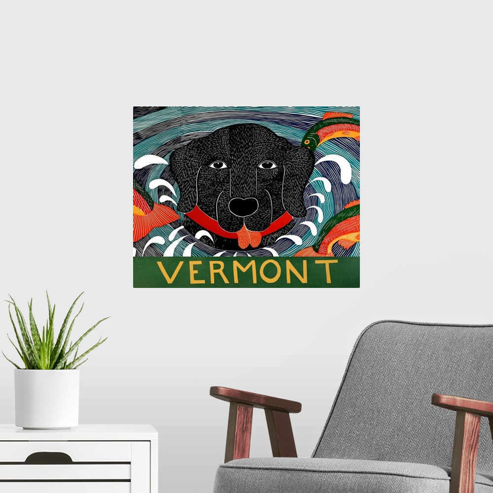 A modern room featuring Illustration of a black lab with its head popping out of the water and colorful fish jumping arou...