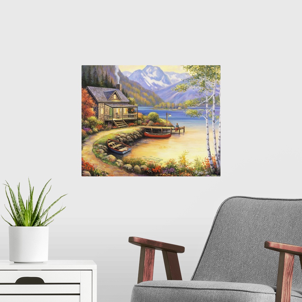 A modern room featuring A boy fishing off the dock at a lakeside cabin, an island in the middle of the lake.