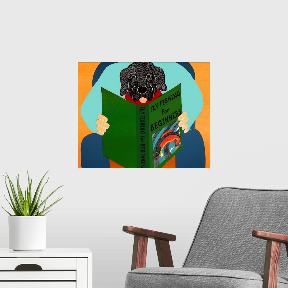 A modern room featuring Illustration of a black lab sitting on its owners lap reading a book titled "Fly Fishing For Begi...