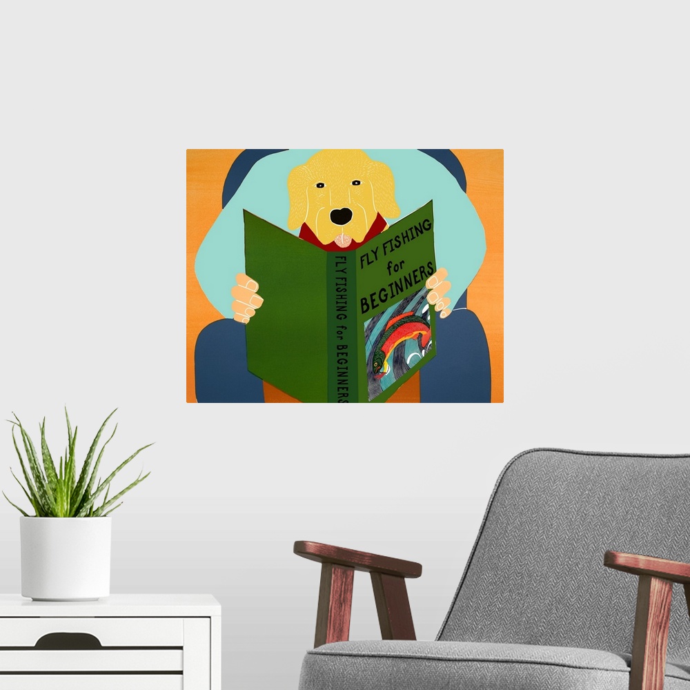 A modern room featuring Illustration of a yellow lab sitting on its owners lap reading a book titled "Fly Fishing For Beg...