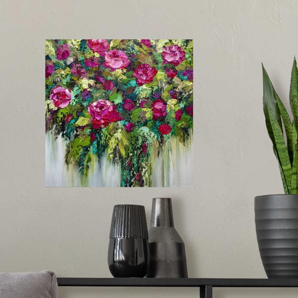 A modern room featuring Colorful acrylic floral bouquet painting of red roses and pink flowers by contemporary artist Mel...