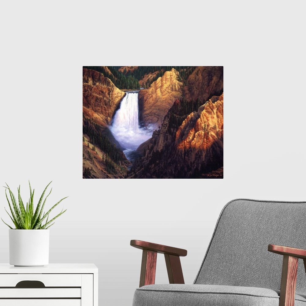 A modern room featuring A waterfall is surrounded by large rocky cliffs in a canyon.