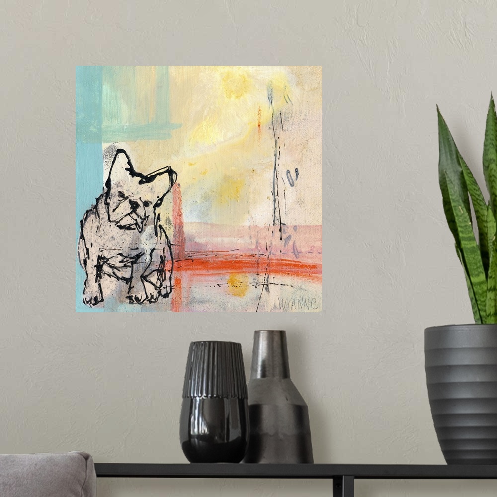 A modern room featuring A French Bulldog on an abstract pastel background.
