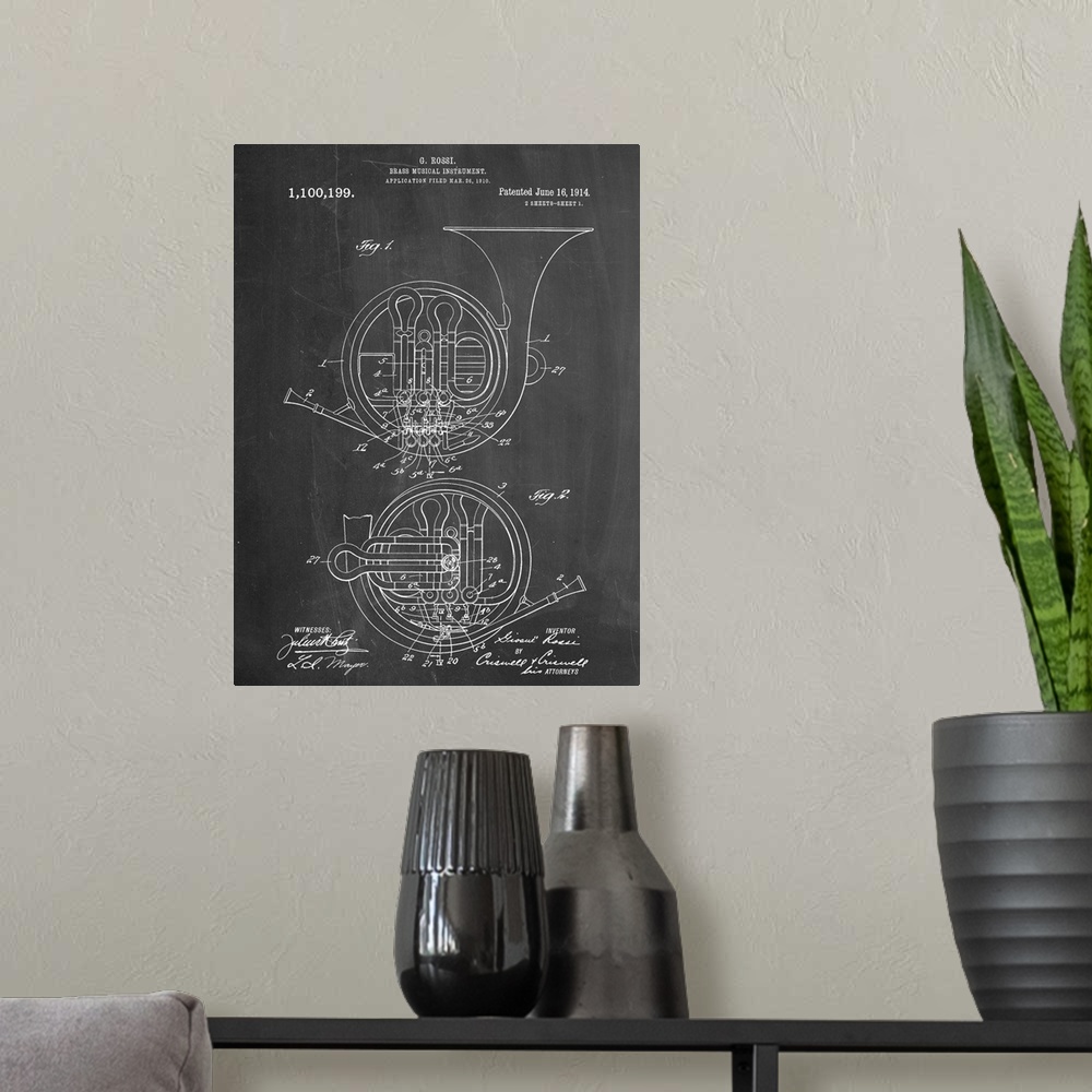 A modern room featuring Black and white diagram showing the parts of a French Horn.