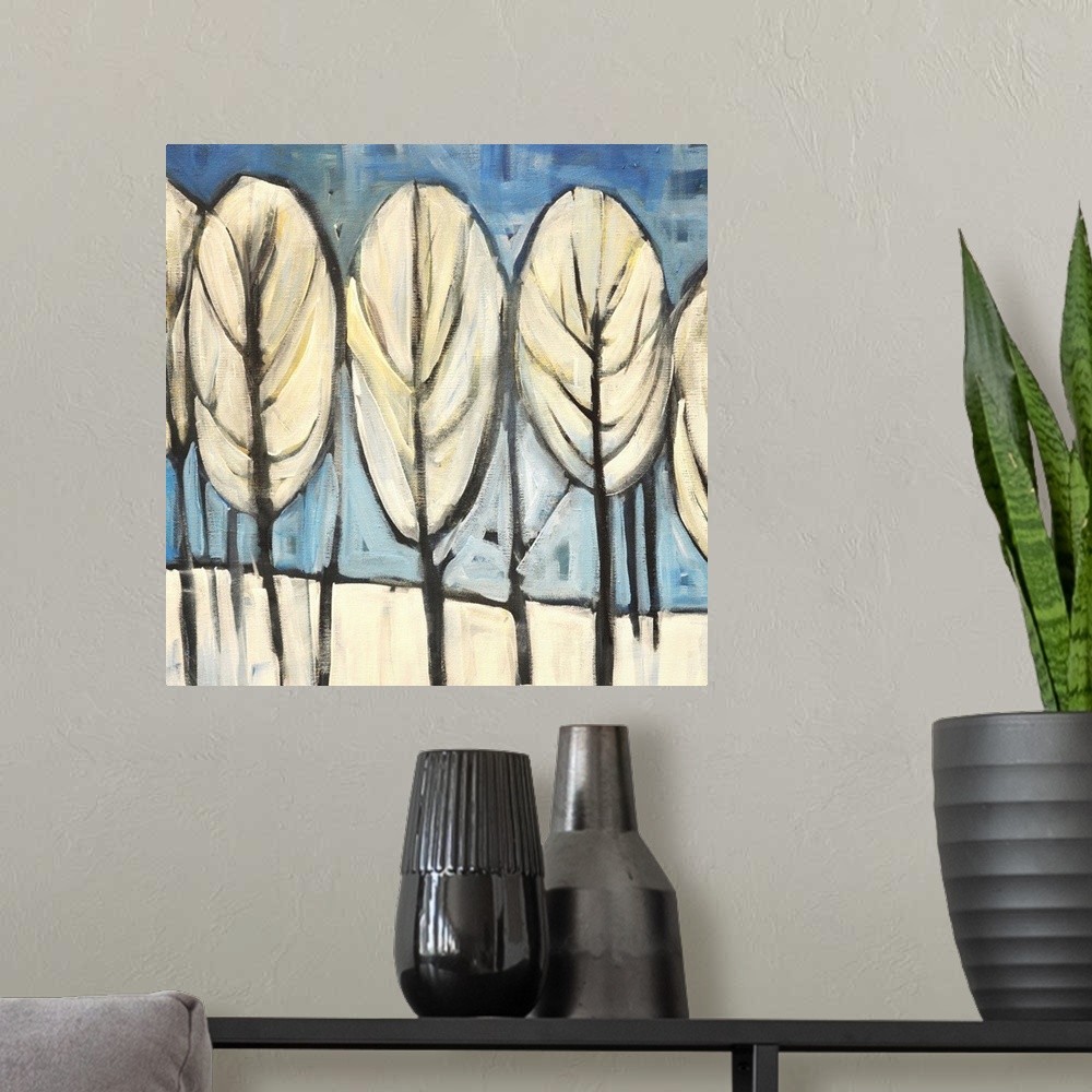A modern room featuring Contemporary painting of a grove of white trees.