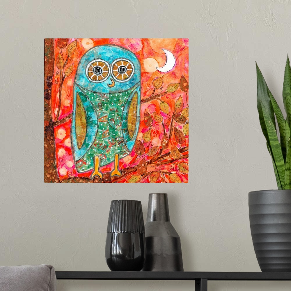 A modern room featuring A blue owl with big eyes sitting in a tree with the moon behind.