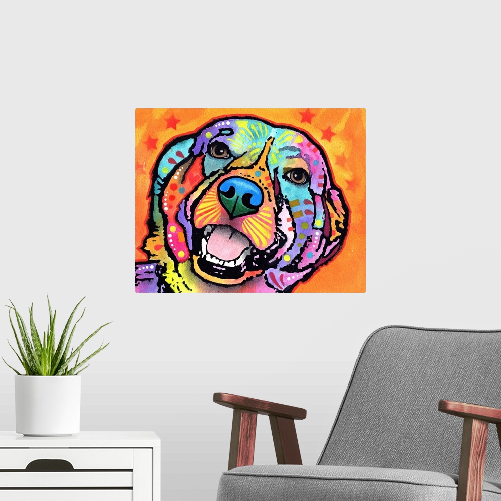 A modern room featuring Colorful painting of a happy dog with abstract markings on an orange background with 7 red stars.