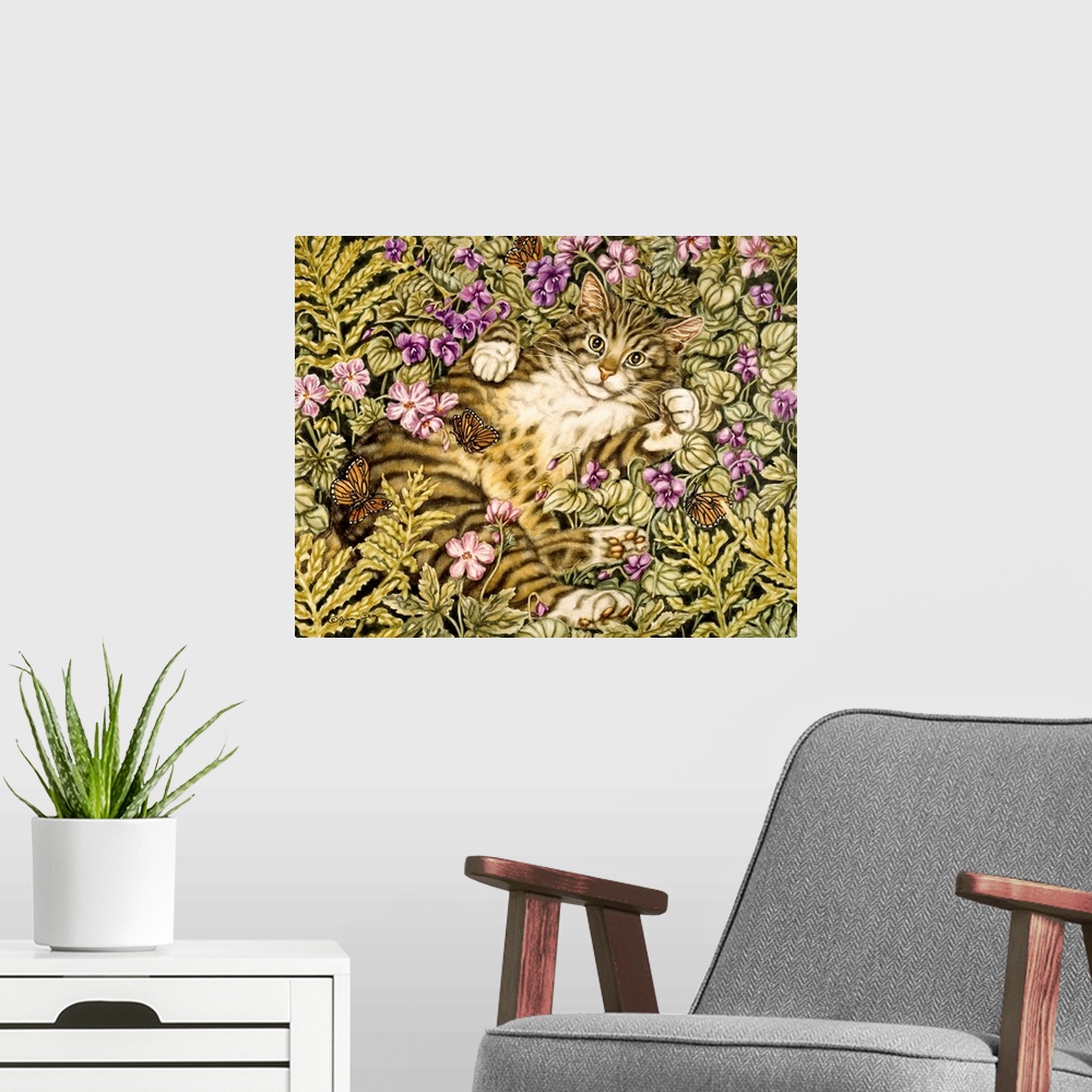 A modern room featuring Domestic tiger cat lays on its back in a bed of ferns and flowers batting at butterflies.