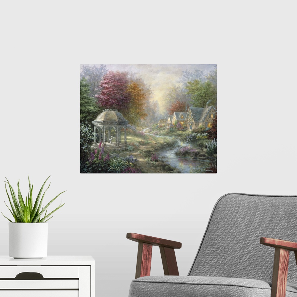 A modern room featuring Painting of village scene featuring a large gazebo and houses with glowing windows. Product is a ...