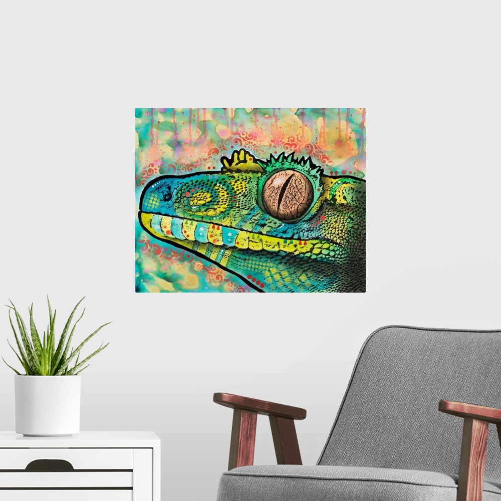 A modern room featuring Blue, yellow, and green painting of a gecko with abstract designs on a background with similar co...