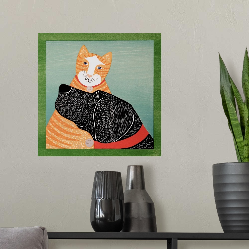 A modern room featuring Illustration of a black lab and an orange striped cat wearing tags that read "Get Love" and "Give...