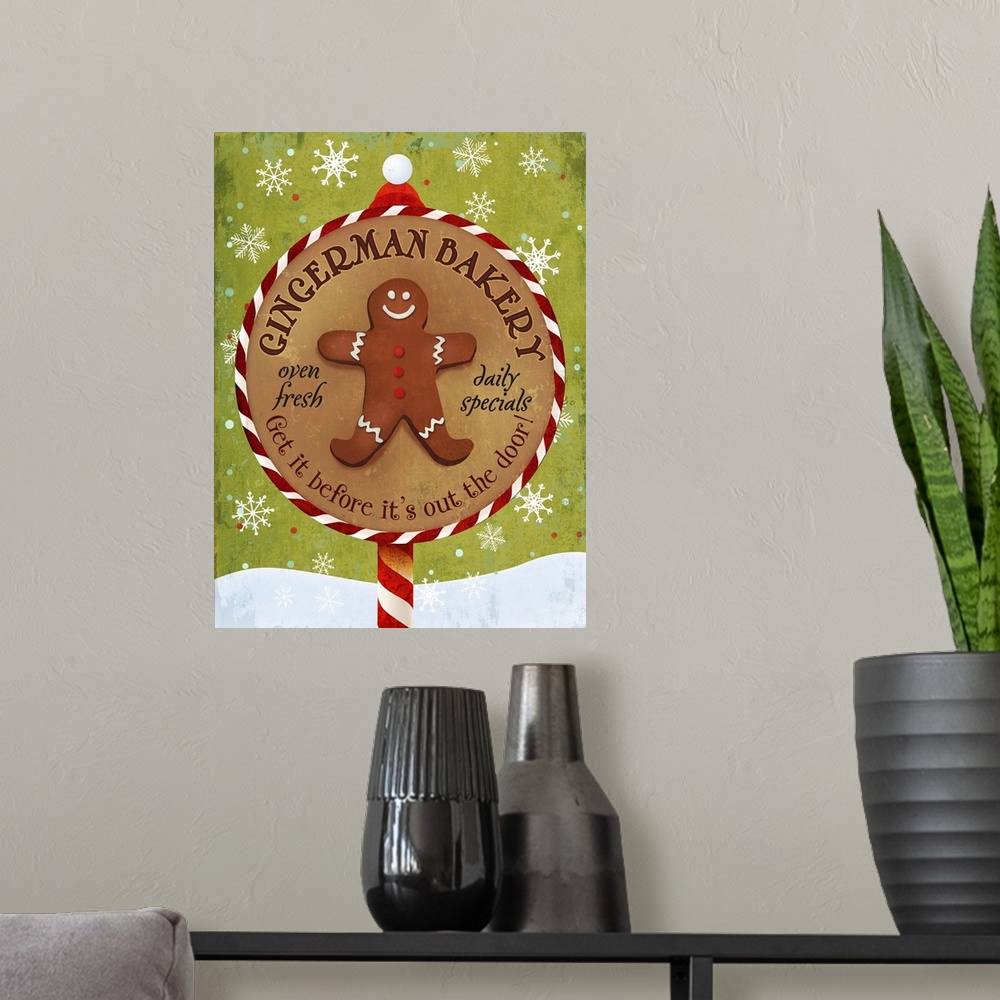 A modern room featuring Cute holiday sign for a bakery, featuring a gingerbread man.