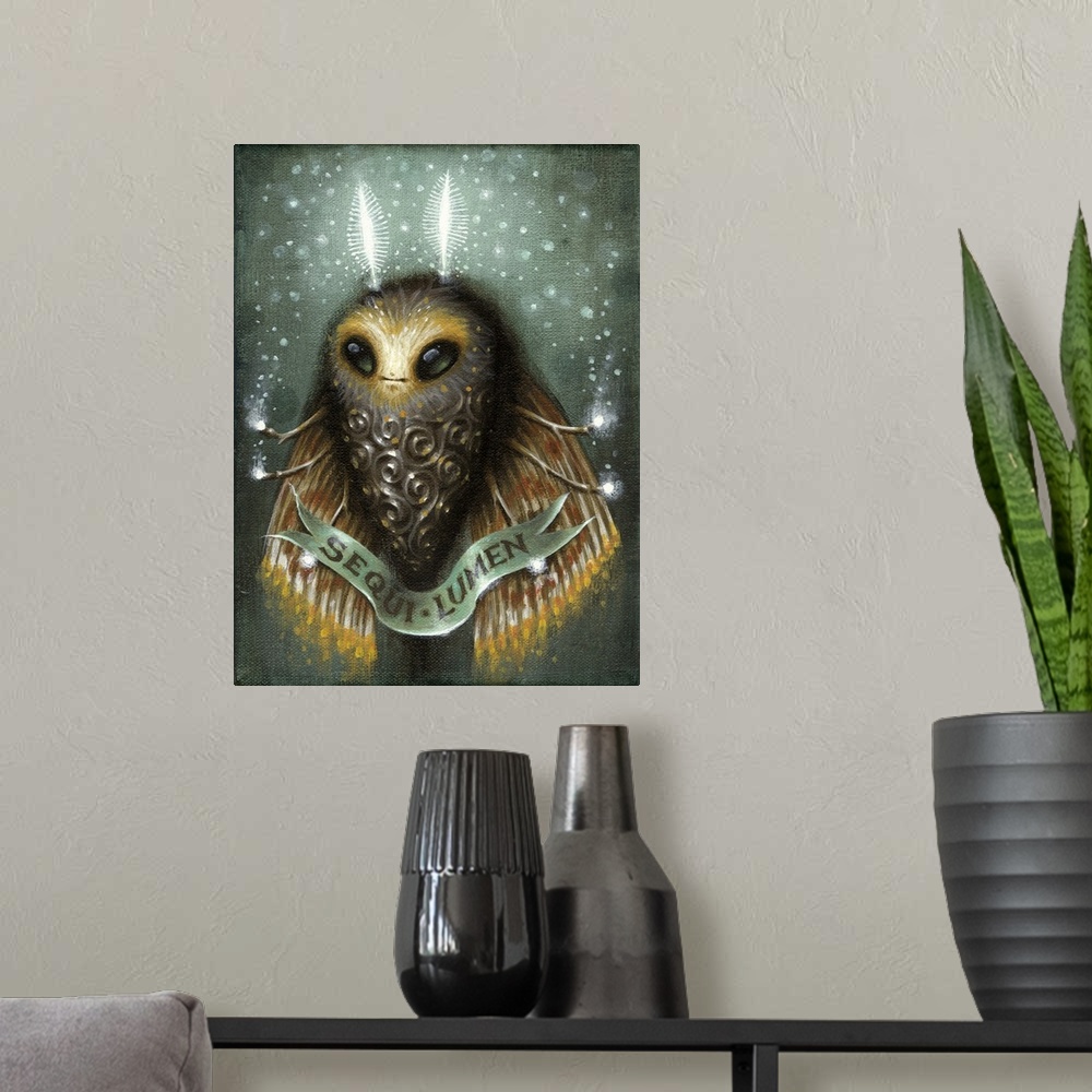 A modern room featuring Surrealist painting of a moth-like creature with light pouring from its legs .