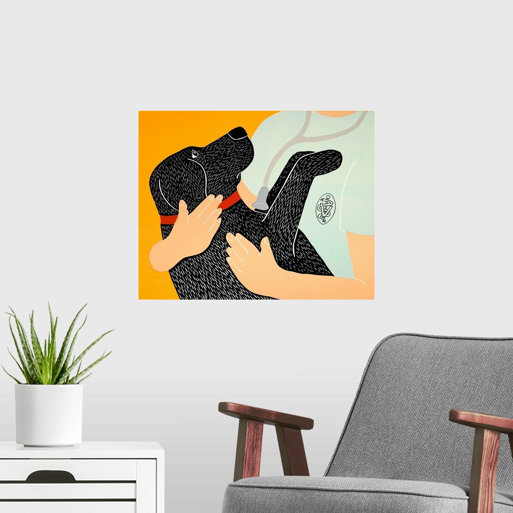 A modern room featuring Illustration of a black lab in a veterinarian's arms.