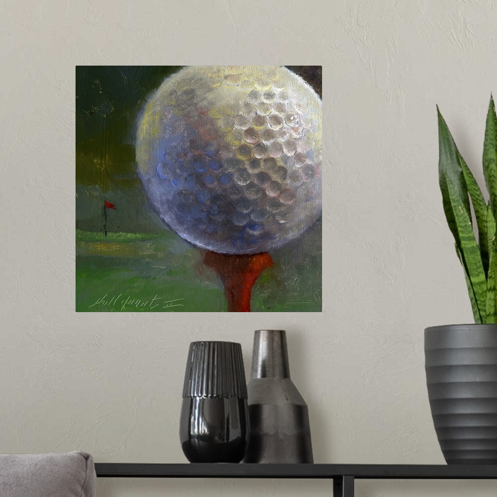 A modern room featuring Contemporary still-life painting of a golf ball close-up, with a red flag marking the cup in the ...