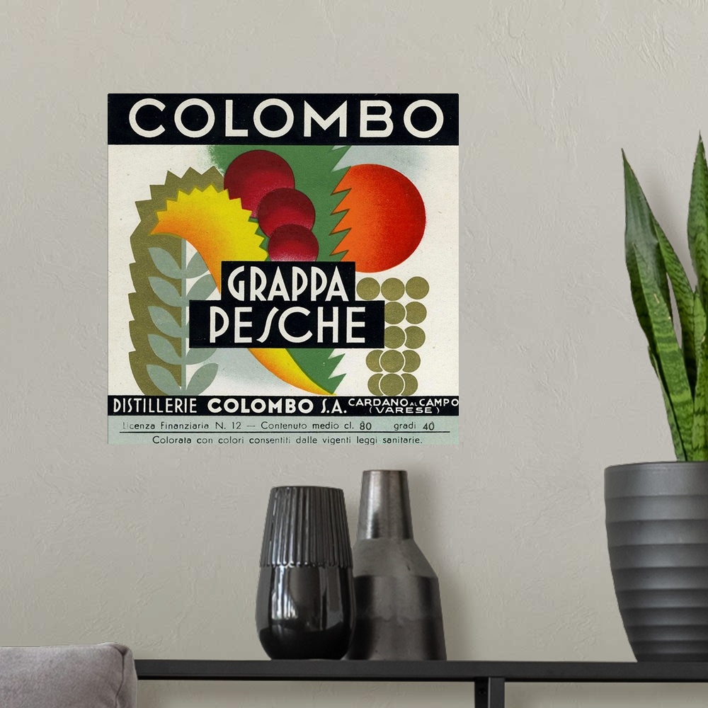 A modern room featuring Vintage poster advertisement for Grappa Pesche.