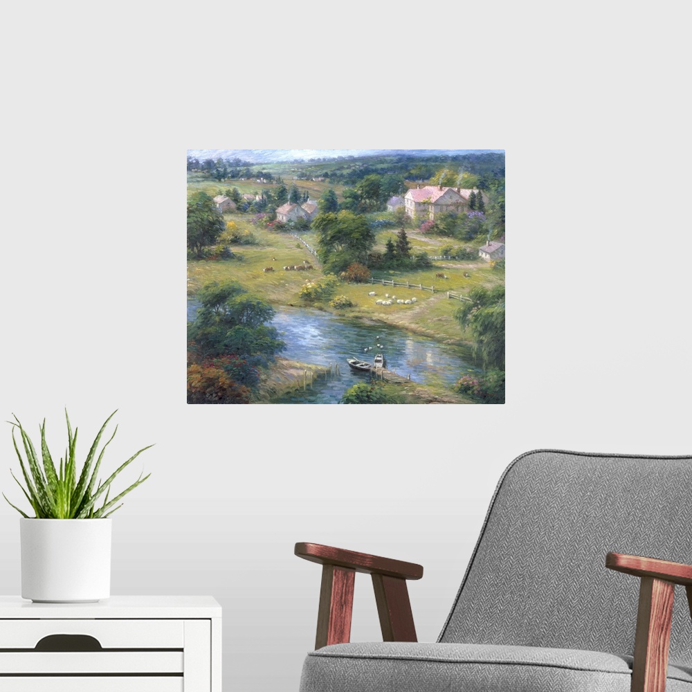 A modern room featuring Contemporary painting of an idyllic countryside scene.
