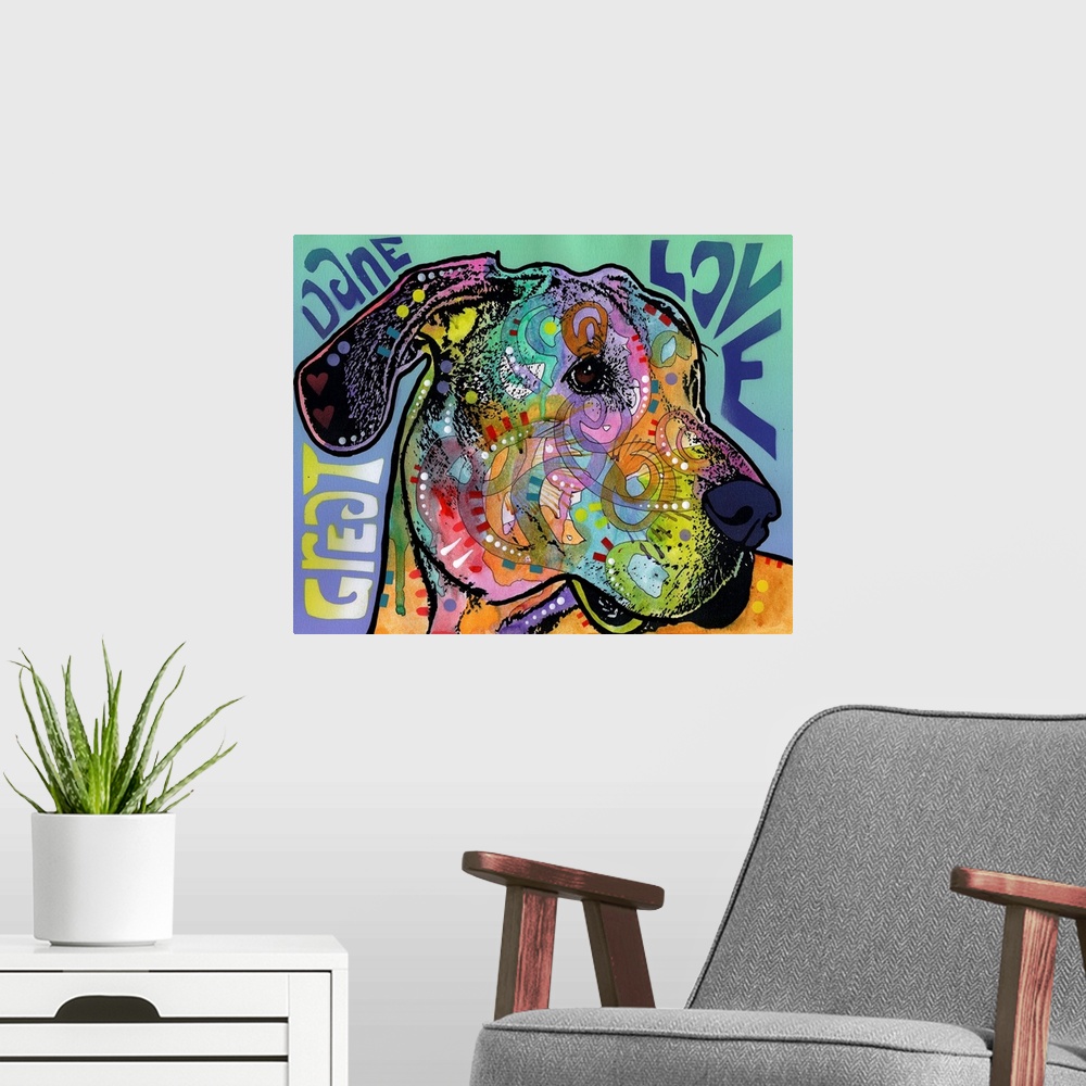 A modern room featuring "Great Dane Love" written around a colorful painting of a Great Dane with abstract markings.