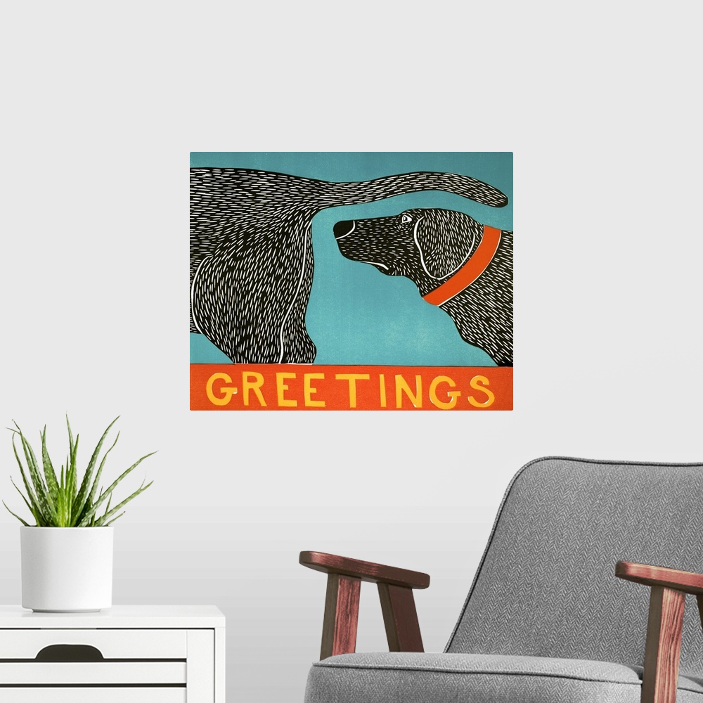 A modern room featuring Illustration of a black lab sniffing another black lab's behind with the word "Greetings" written...