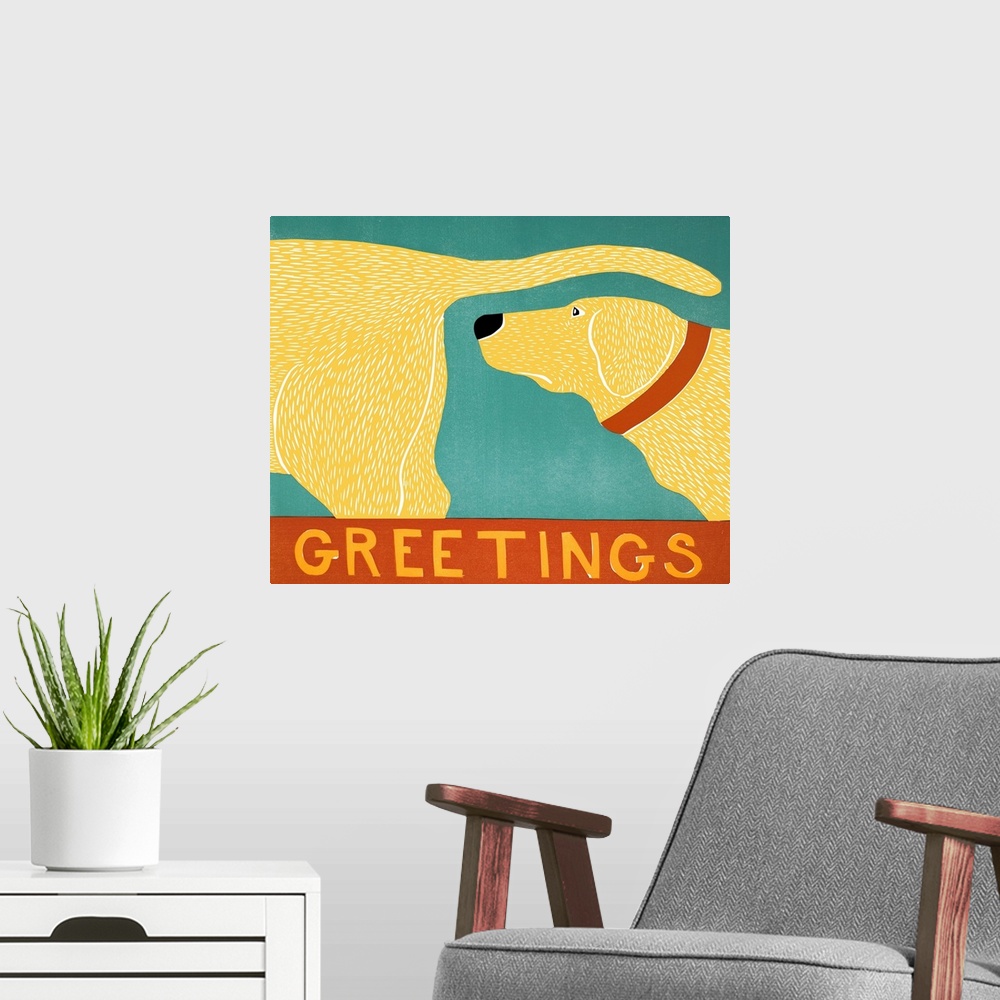 A modern room featuring Illustration of a yellow lab sniffing another yellow lab's behind with the word "Greetings" writt...