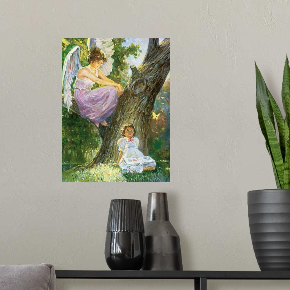 A modern room featuring A guardian angel is sitting in a tree, looking after a little girl who is sitting on the ground, ...