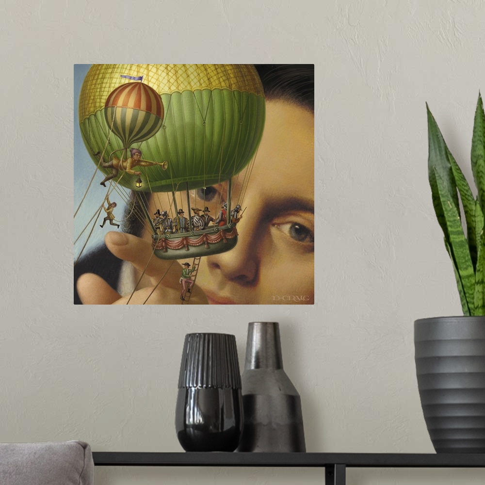 A modern room featuring Giant playing with a hot air balloon filled with people.