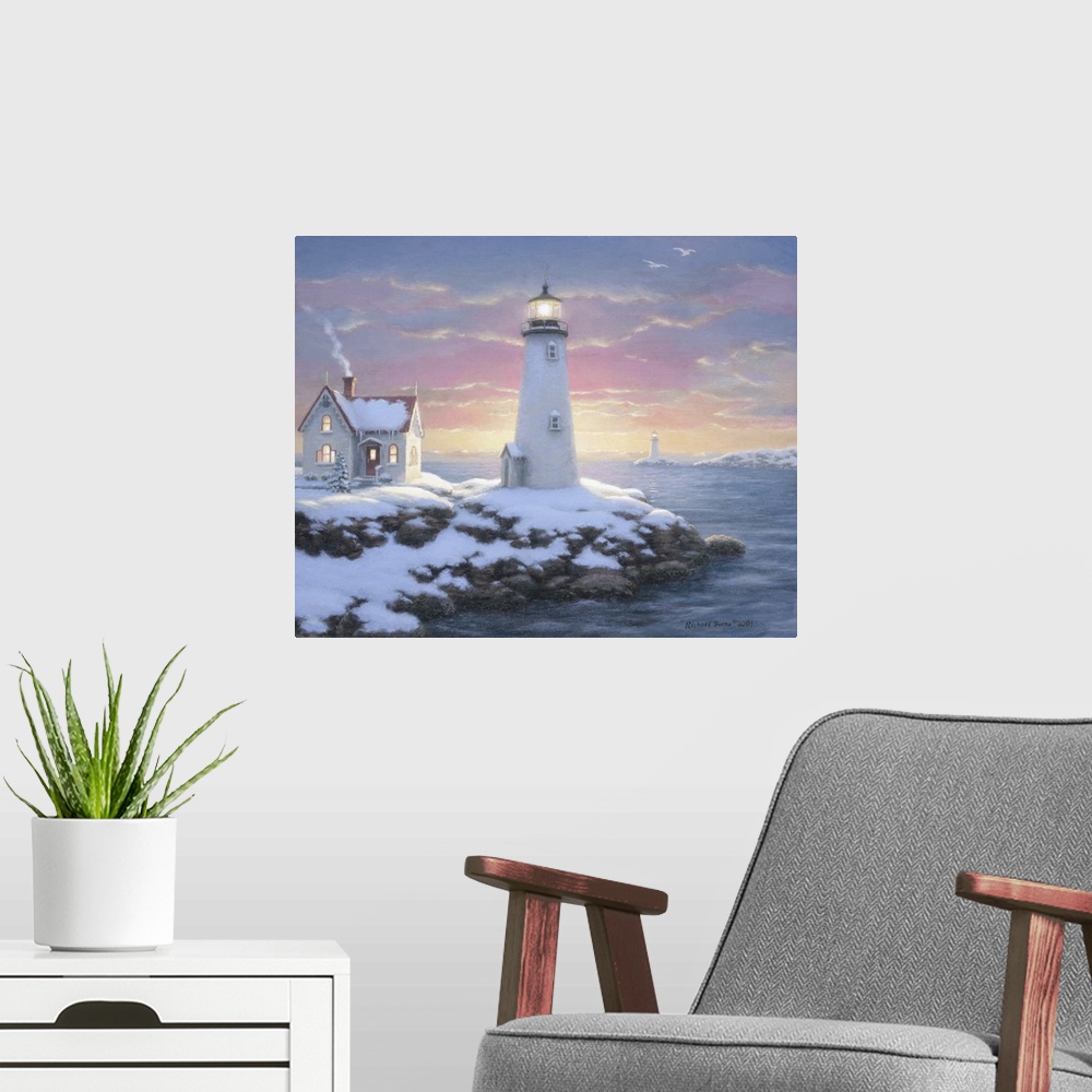 A modern room featuring Contemporary painting of seaside cottage and lighthouse in winter.