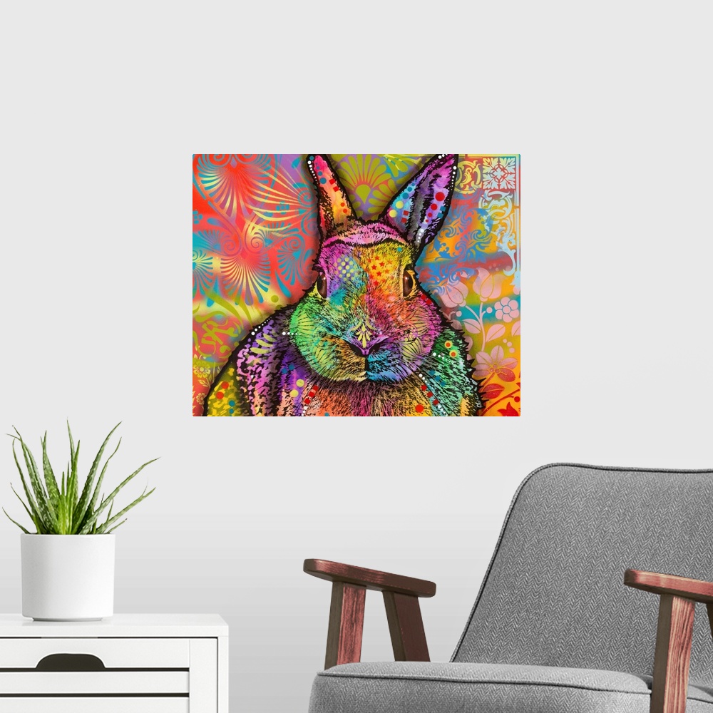 A modern room featuring Very colorful painting of a rabbit with abstract and floral designs all over.