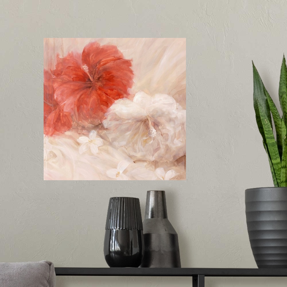 A modern room featuring Contemporary painting of a group of hibiscus.
