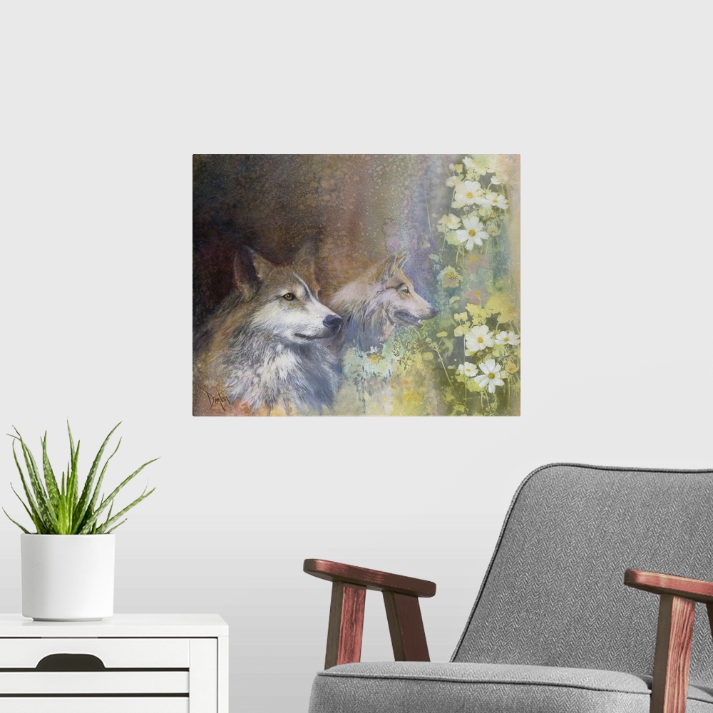 A modern room featuring Contemporary painting of wolves and nature elements.