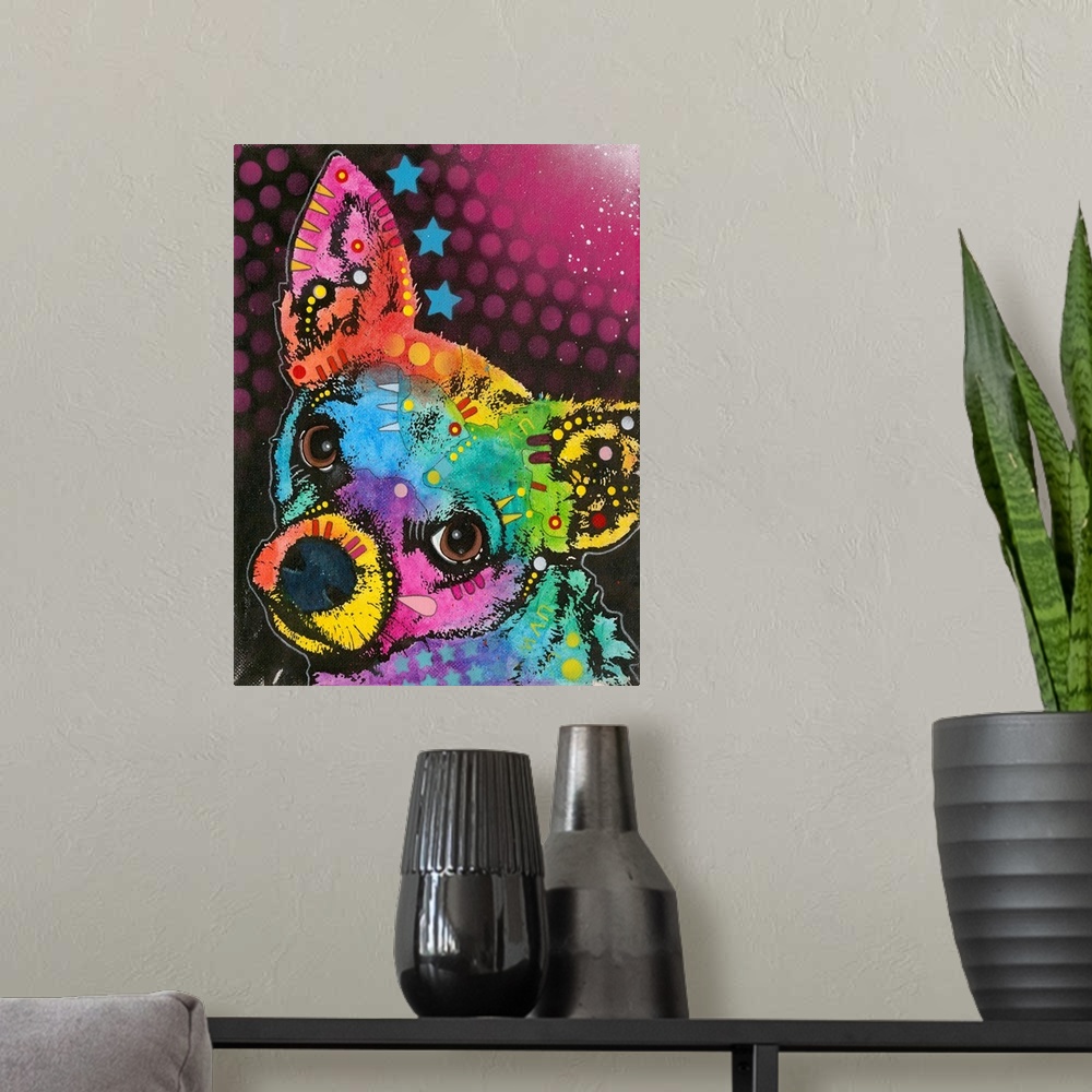 A modern room featuring Colorful painting of a small dog with abstract designs all over.