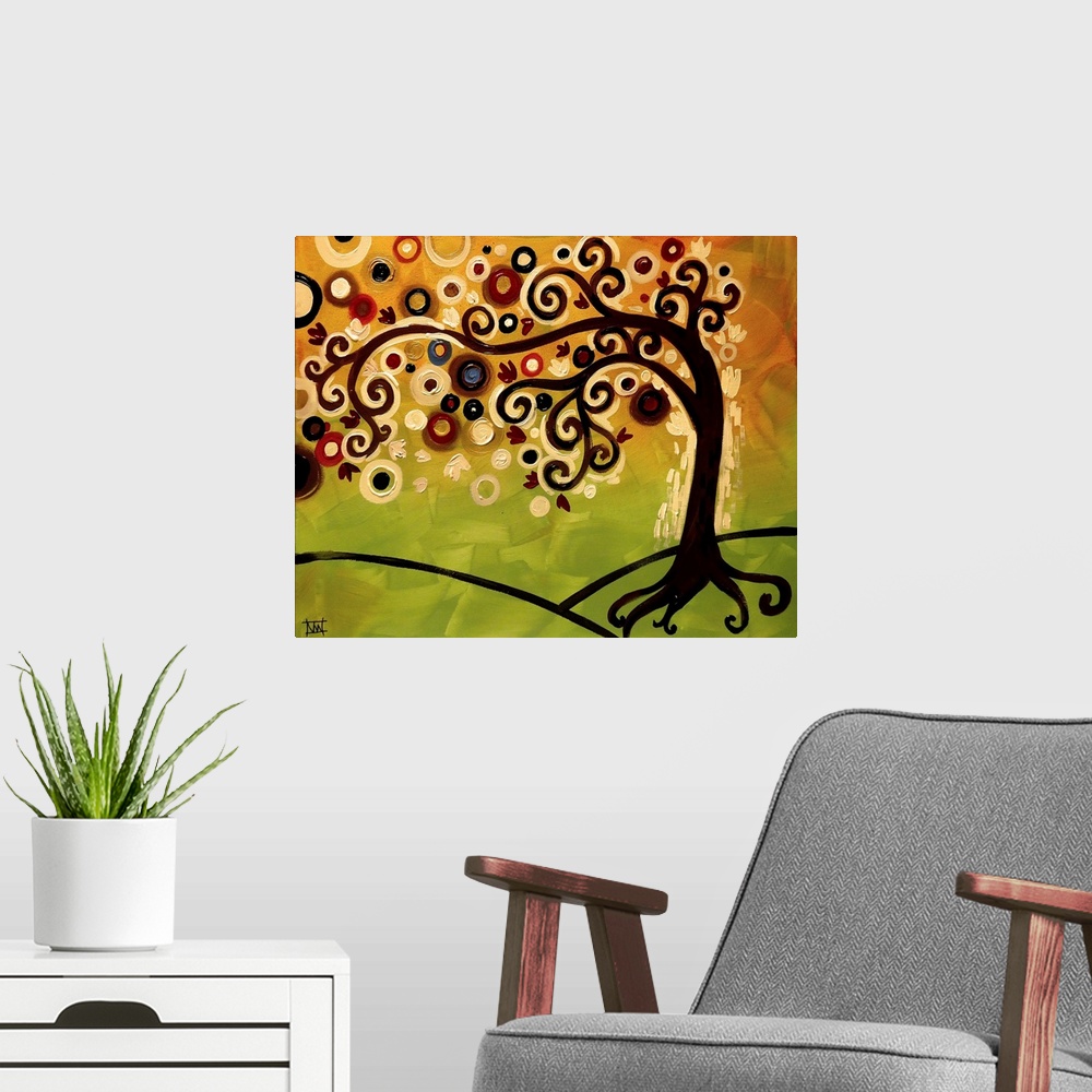 A modern room featuring Contemporary painting of a tree with colorful orbs flowing from its branches and a green and yell...