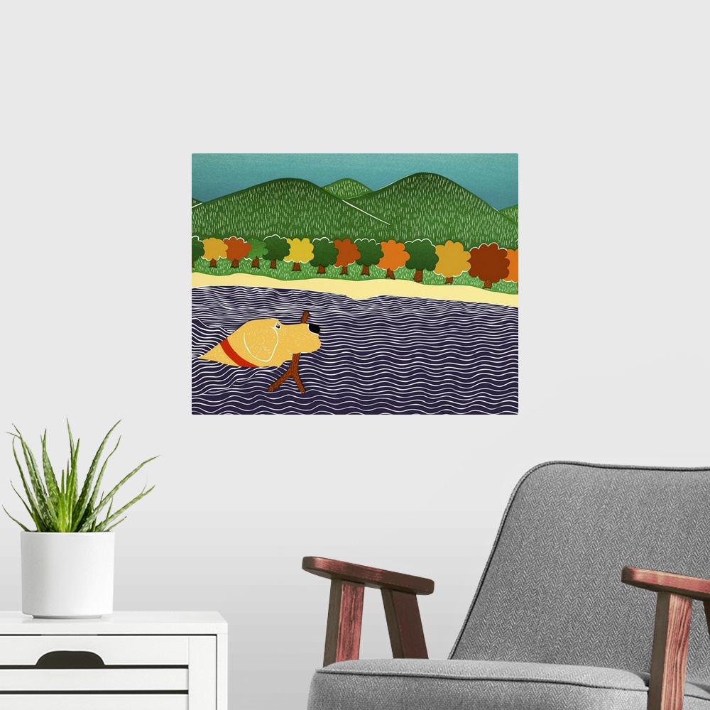 A modern room featuring Illustration of a yellow lab swimming in water with a stick in its mouth and Fall trees and rolli...