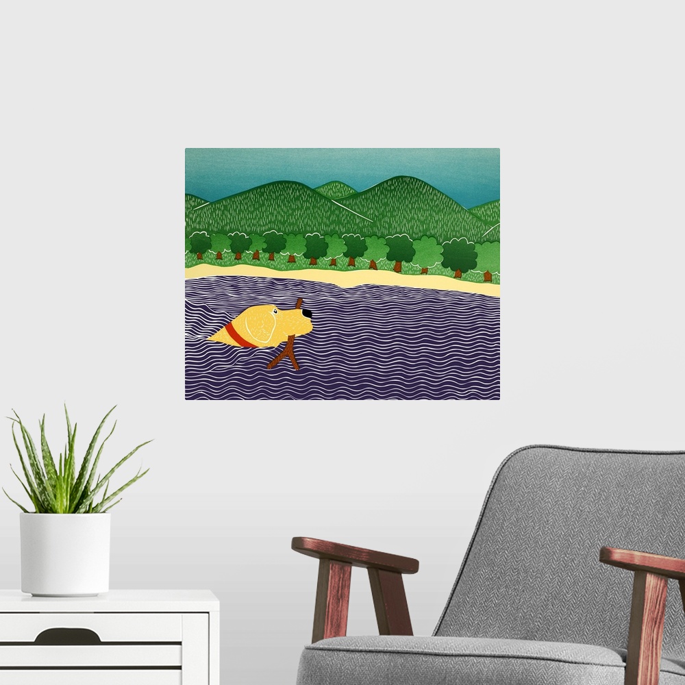 A modern room featuring Illustration of a yellow lab swimming in water with a stick in its mouth and rolling green hills ...
