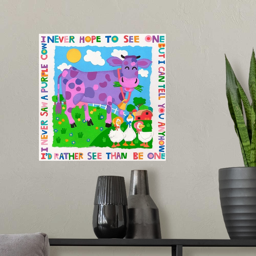 A modern room featuring A purple cow with three ducks with a nursery rhyme around the border.