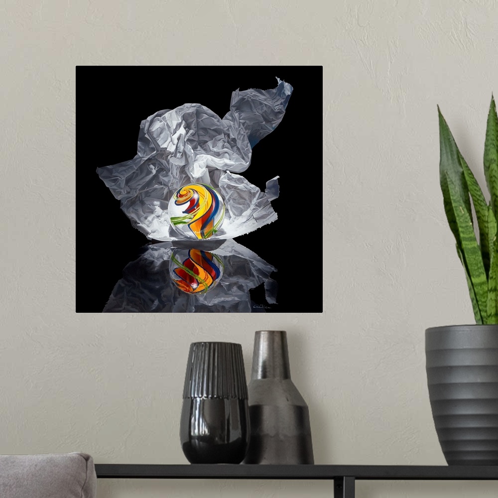 A modern room featuring Contemporary vivid realistic still-life painting of a marble with a swirl of color inside it with...