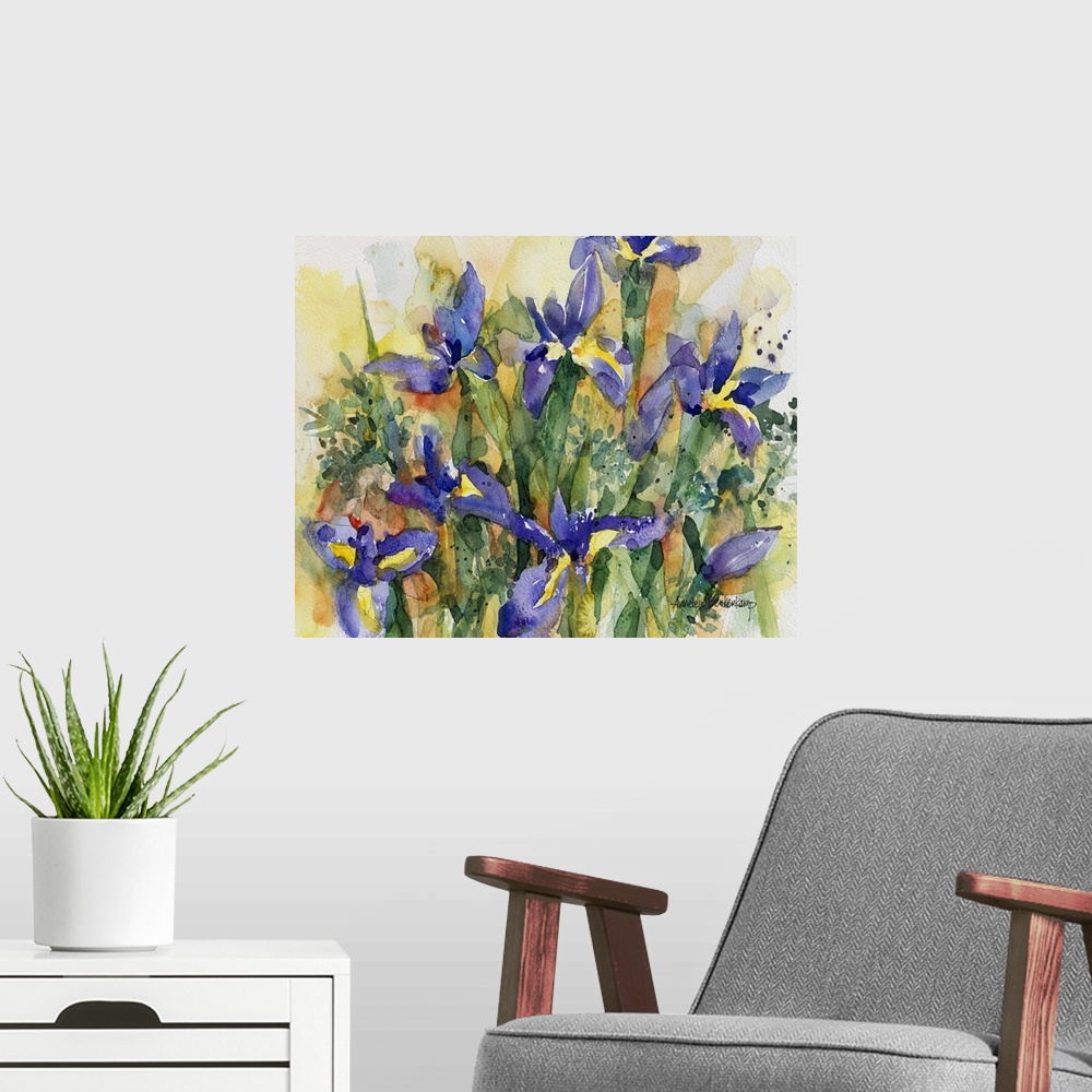 A modern room featuring Contemporary watercolor painting of purple flowers.