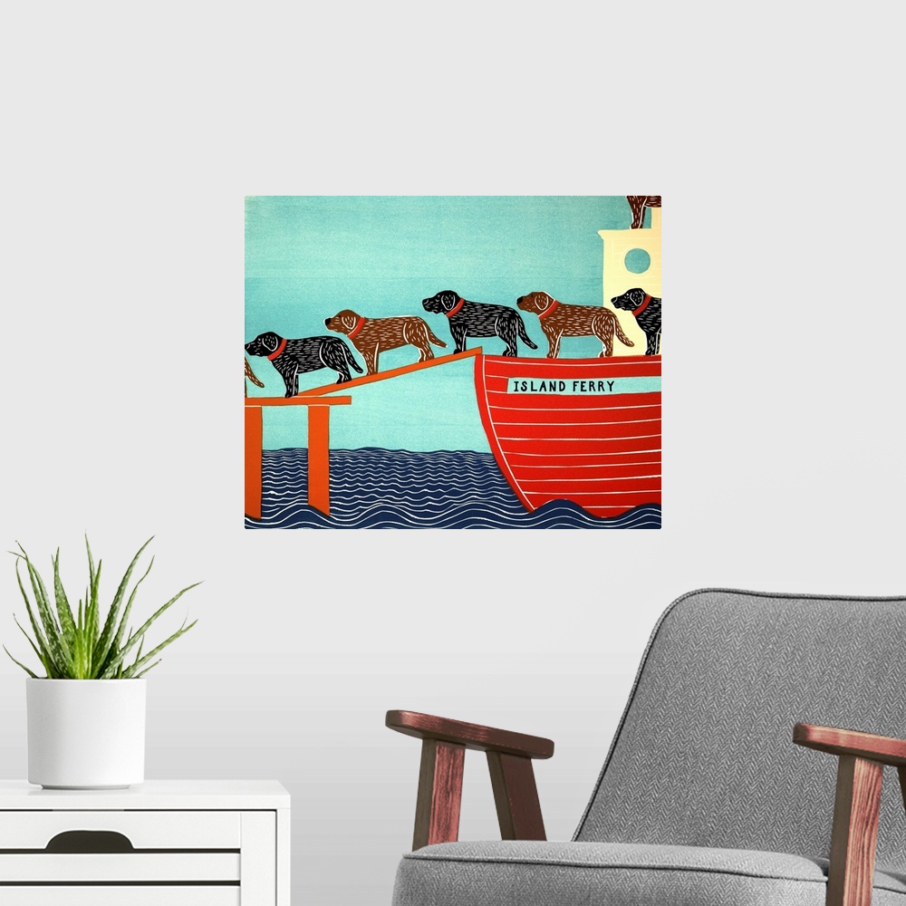A modern room featuring Illustration of a pattern of black and chocolate labs walking off of a ferry named the "Island Fe...