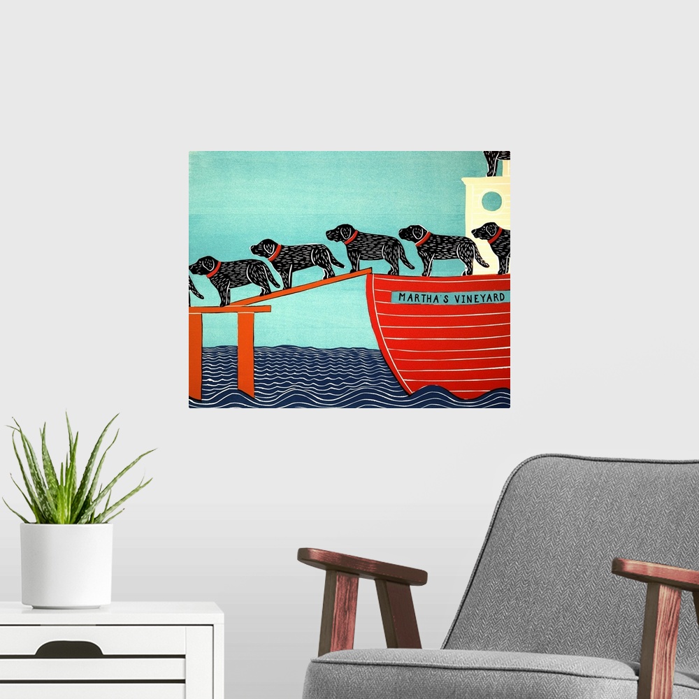 A modern room featuring Illustration of a pattern of black and chocolate labs walking off of a Martha's Vineyard ferry.
